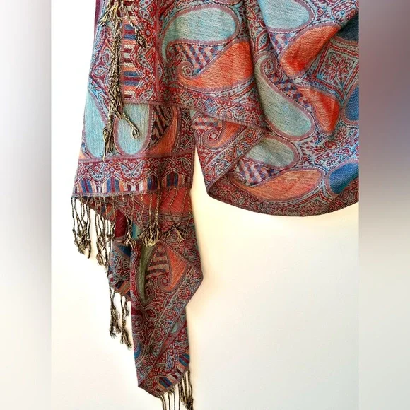 EUC Pashmina Paisley Shawl, Wrap, Red Blue Orange 74”x27.5”